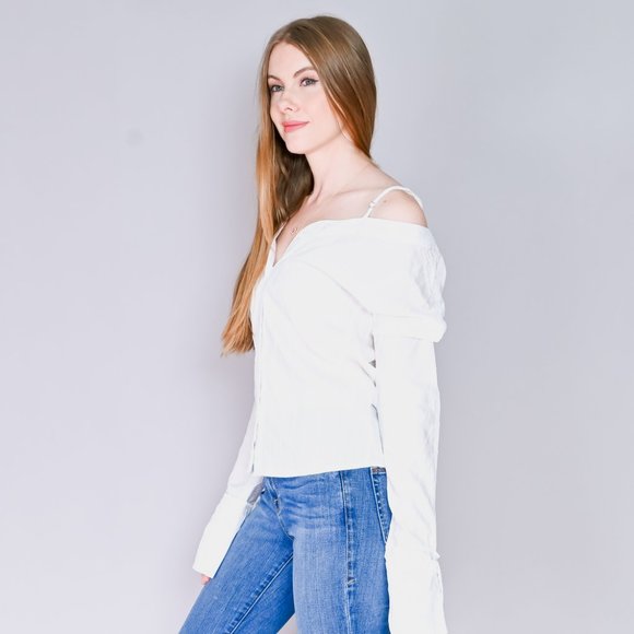 ALPHA & OMEGA White Off-Shoulder Shirt Blouse - Picture 5 of 7
